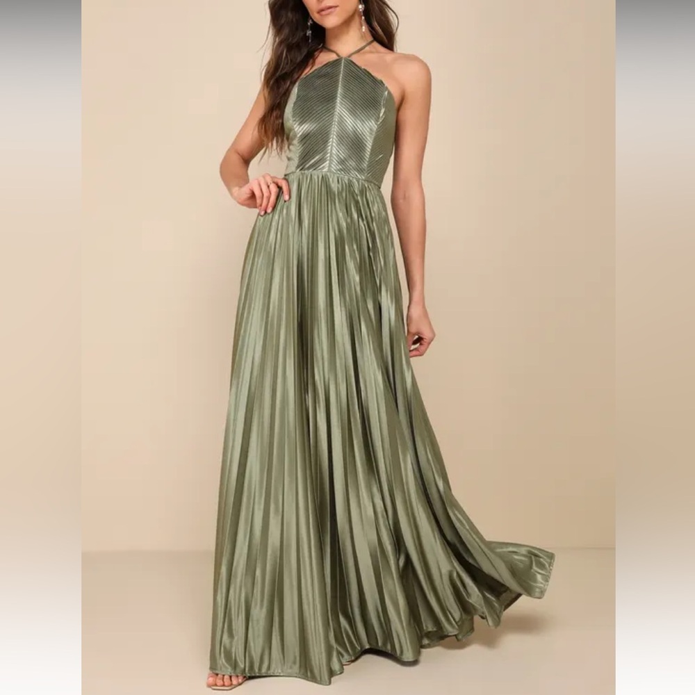 Lulus Elaborate Charm Olive Green Satin Pleated Backless Maxi Dress - Size XS